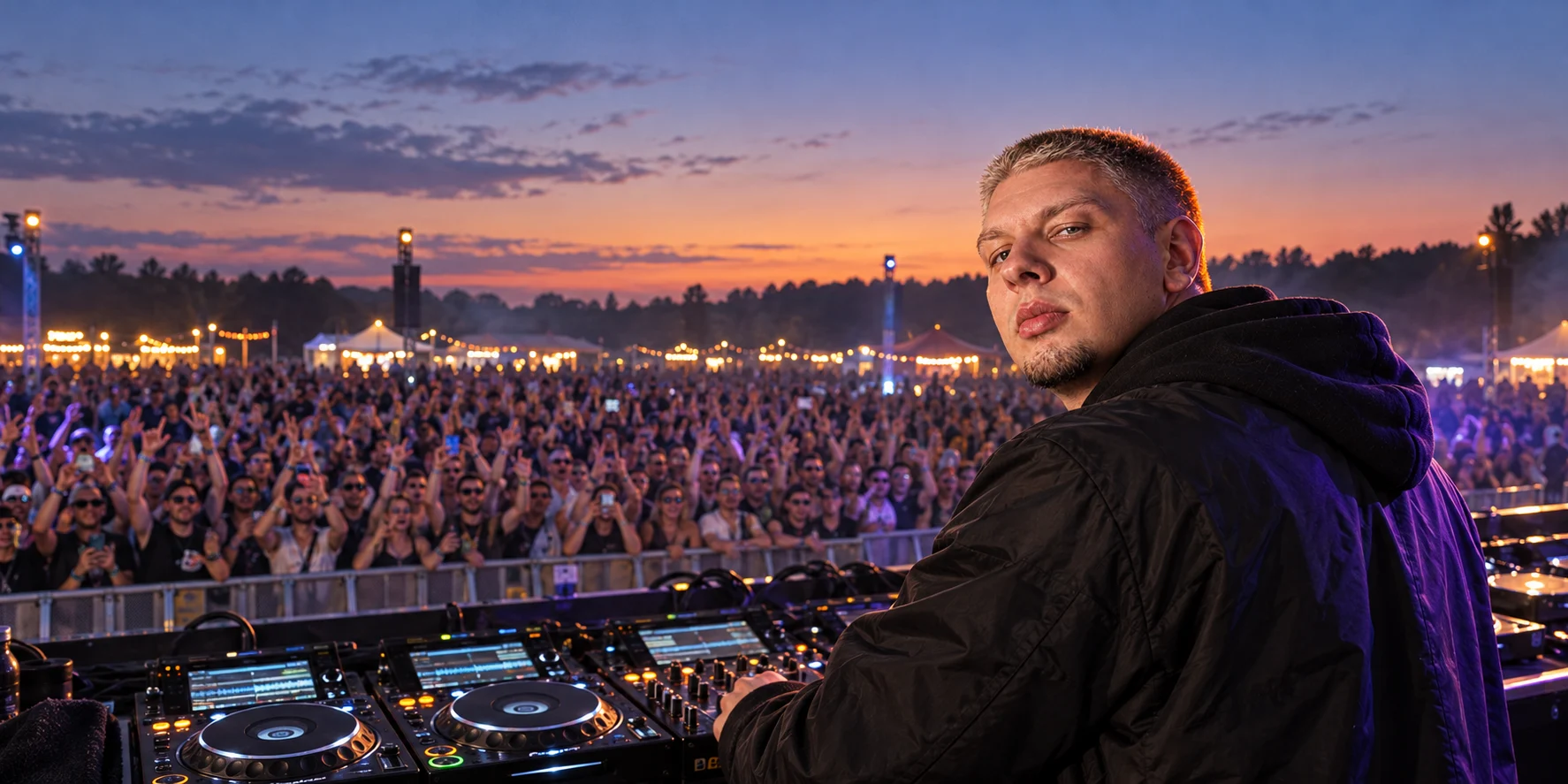 Blick von der Bühne auf die frontal sichtbare Festival-Crowd, NeonFlux rechts am DJ-Pult – KI-gestaltetes Künstlerbild